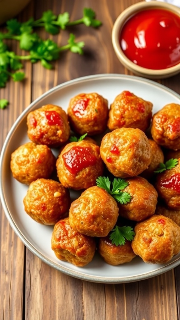 Crispy Air Fryer Pork Meatballs Recipe Crispy air fryer pork meatballs served with marinara sauce and garnished with parsley on a wooden table.